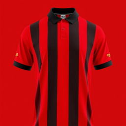 A striking red football jersey featuring three vertical black stripes on the front, creating a bold and sporty look