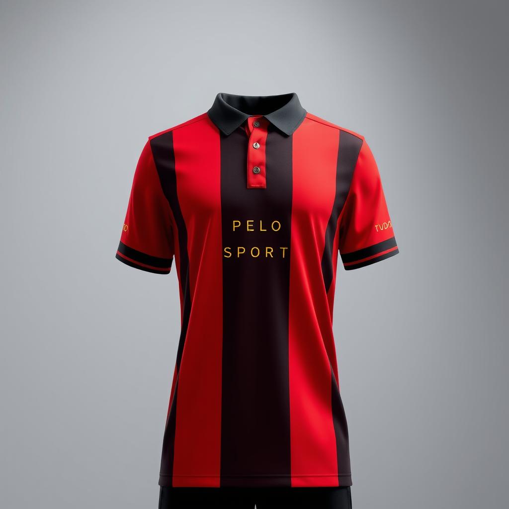 A striking red football jersey featuring three vertical black stripes on the front, creating a bold and sporty look