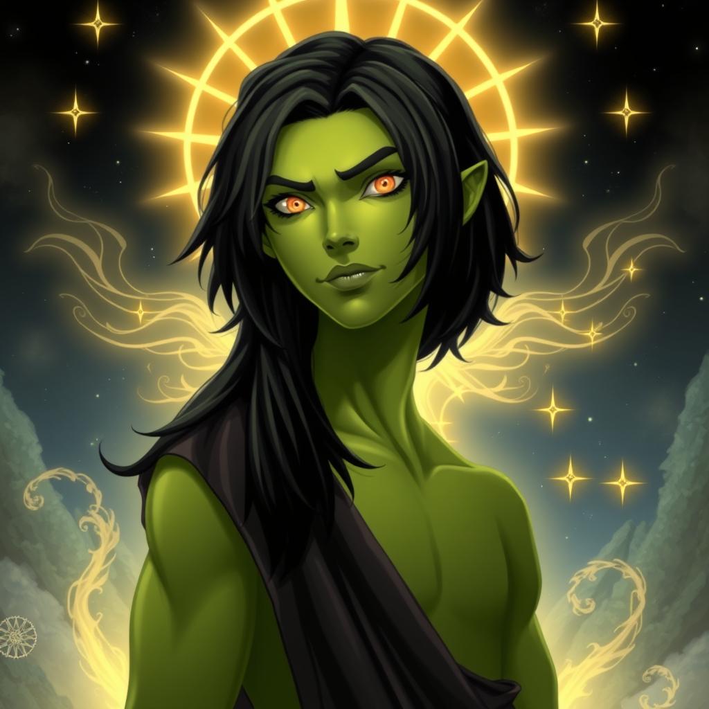 A 20-year-old green half-orc with medium-length black hair and mesmerizing orange eyes, depicted in a godly and majestic manner