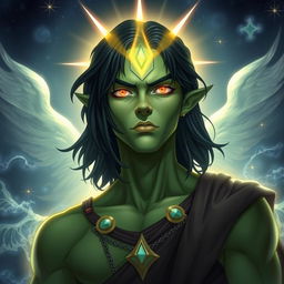 A 20-year-old green half-orc with medium-length black hair and mesmerizing orange eyes, depicted in a godly and majestic manner