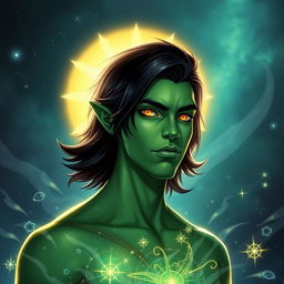 A 20-year-old green half-orc with medium-length black hair and mesmerizing orange eyes, depicted in a godly and majestic manner