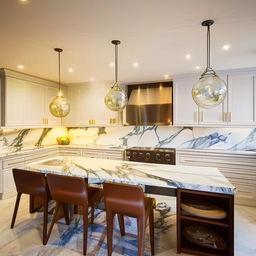 Luxurious, modern kitchen with high-end appliances, marble countertops, and uniquely designed lighting