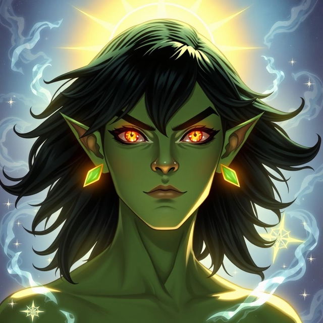 A 20-year-old green half-orc with medium-length black hair and mesmerizing orange eyes, depicted in a godly and majestic manner