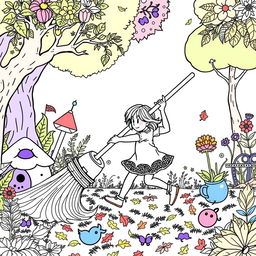 A surreal coloring page featuring a girl energetically using a gigantic broom, much larger than herself, to sweep a whimsical garden