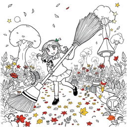 A surreal coloring page featuring a girl energetically using a gigantic broom, much larger than herself, to sweep a whimsical garden