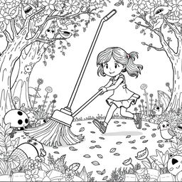 A surreal coloring page featuring a girl energetically using a gigantic broom, much larger than herself, to sweep a whimsical garden