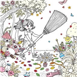 A surreal coloring page featuring a girl energetically using a gigantic broom, much larger than herself, to sweep a whimsical garden