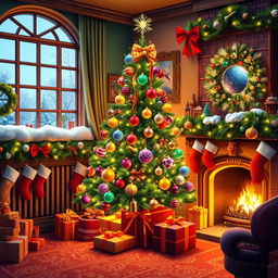 A vibrant, colorful Christmas scene featuring a beautifully decorated Christmas tree with dazzling ornaments and lights