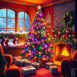 A vibrant, colorful Christmas scene featuring a beautifully decorated Christmas tree with dazzling ornaments and lights