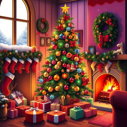 A vibrant, colorful Christmas scene featuring a beautifully decorated Christmas tree with dazzling ornaments and lights