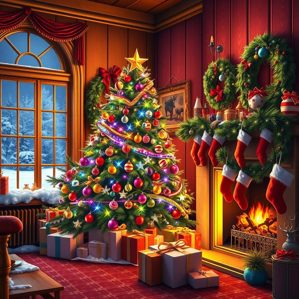 A vibrant, colorful Christmas scene featuring a beautifully decorated Christmas tree with dazzling ornaments and lights