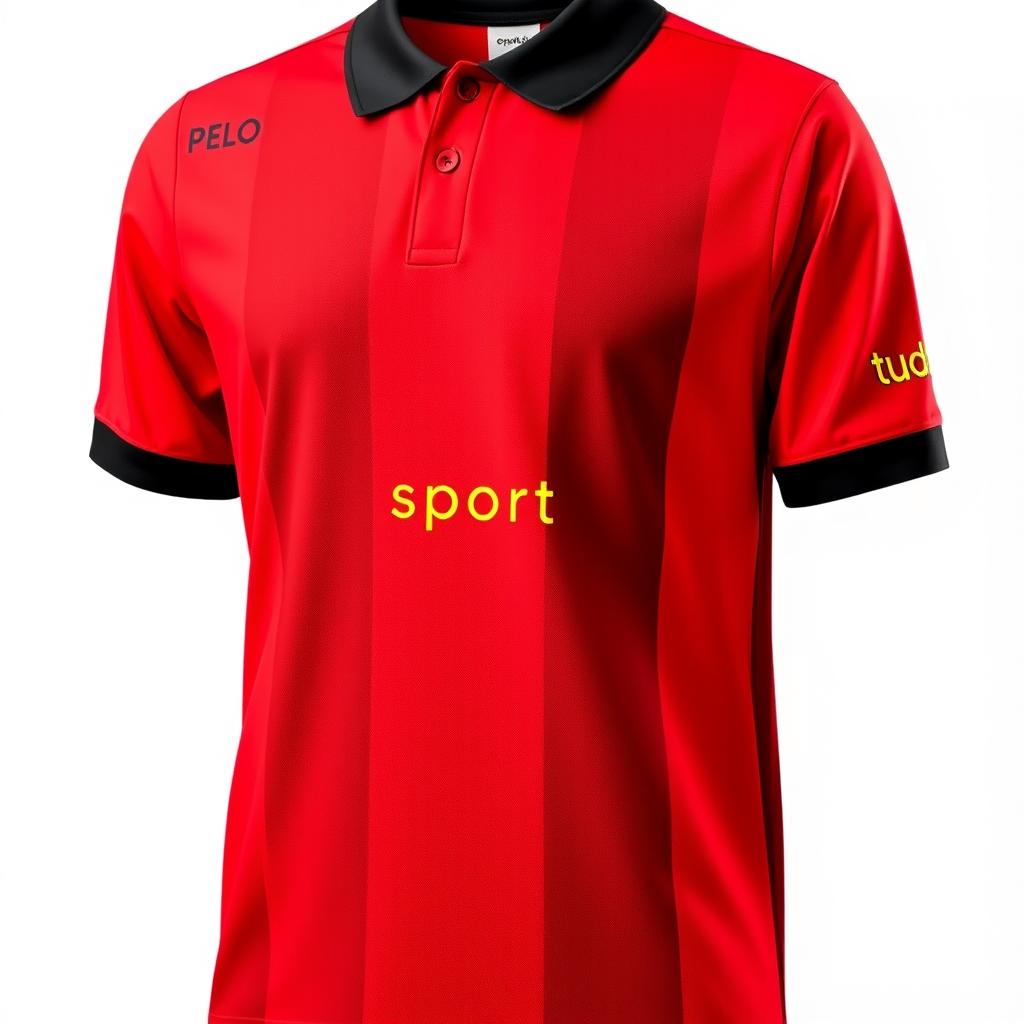 A vibrant red football jersey featuring three vertical black stripes on the front, creating a dynamic and sporty visual appeal