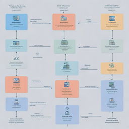 An illustrative representation showcasing the various processes performed within operating systems, complete with system layers, process flows, and user interfaces