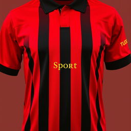 A vibrant red football jersey featuring three vertical black stripes on the front, creating a dynamic and sporty visual appeal