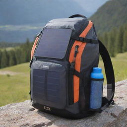 A durable hiking backpack equipped with solar panels and a built-in compartment cooler, perfect for long trips or outdoor adventures. The solar panels are strategically placed for optimal sunlight exposure, and the cooler is neatly integrated into the design.