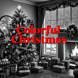 A black and white Christmas scene featuring a beautifully decorated Christmas tree with ornaments and lights