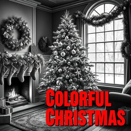 A black and white Christmas scene featuring a beautifully decorated Christmas tree with ornaments and lights