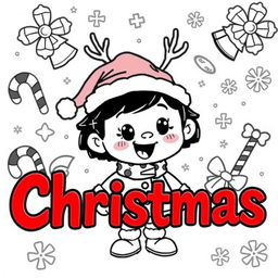 A black and white cartoon-style character dressed in a festive Christmas outfit