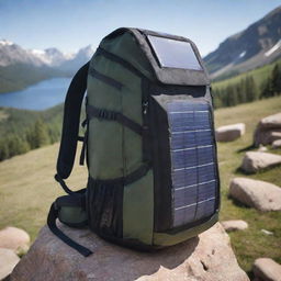 A durable hiking backpack equipped with solar panels and a built-in compartment cooler, perfect for long trips or outdoor adventures. The solar panels are strategically placed for optimal sunlight exposure, and the cooler is neatly integrated into the design.