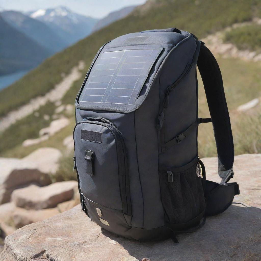 A durable hiking backpack equipped with solar panels and a built-in compartment cooler, perfect for long trips or outdoor adventures. The solar panels are strategically placed for optimal sunlight exposure, and the cooler is neatly integrated into the design.