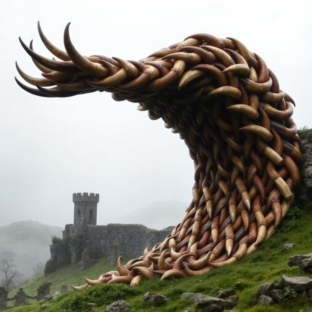 A medieval wave-like structure made entirely of reinforced and intricately interwoven bull horns, standing tall and imposing against a backdrop of a misty medieval landscape