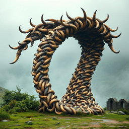 A medieval wave-like structure made entirely of reinforced and intricately interwoven bull horns, standing tall and imposing against a backdrop of a misty medieval landscape