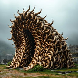 A medieval wave-like structure made entirely of reinforced and intricately interwoven bull horns, standing tall and imposing against a backdrop of a misty medieval landscape