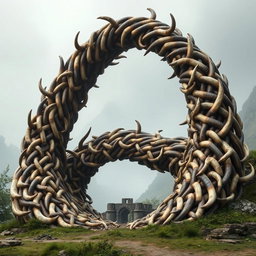 A medieval wave-like structure made entirely of reinforced and intricately interwoven bull horns, standing tall and imposing against a backdrop of a misty medieval landscape