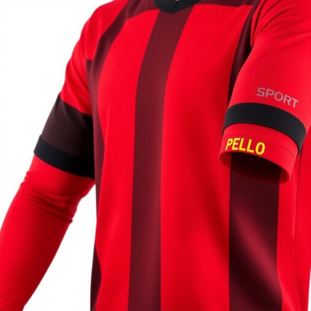 A vibrant red football jersey with three vertical black stripes, creating a bold and striking sports appearance