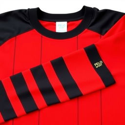 A vibrant red football jersey with three vertical black stripes, creating a bold and striking sports appearance