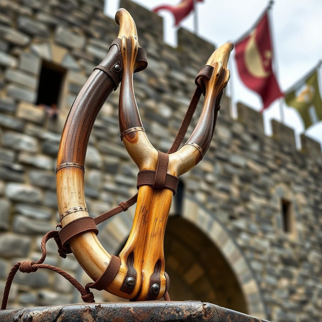 A medieval slingshot crafted with reinforced bull horn material, showcasing a robust design fit for the challenging battles of ancient times