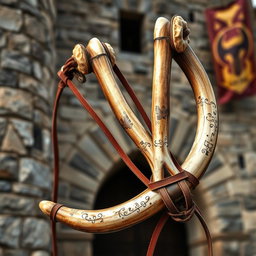 A medieval slingshot crafted with reinforced bull horn material, showcasing a robust design fit for the challenging battles of ancient times