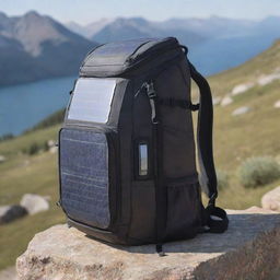 A durable hiking backpack equipped with solar panels and a built-in compartment cooler, perfect for long trips or outdoor adventures. The solar panels are strategically placed for optimal sunlight exposure, and the cooler is neatly integrated into the design.