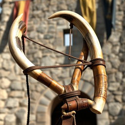 A medieval slingshot crafted with reinforced bull horn material, showcasing a robust design fit for the challenging battles of ancient times