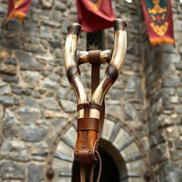 A medieval slingshot crafted with reinforced bull horn material, showcasing a robust design fit for the challenging battles of ancient times