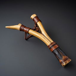 A medieval-style slingshot crafted from sturdy bull horns, showcasing a rustic and robust design