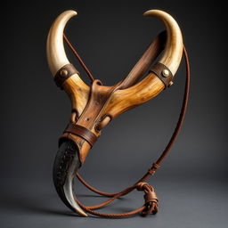 A medieval-style slingshot crafted from sturdy bull horns, showcasing a rustic and robust design