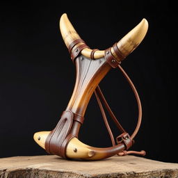 A medieval-style slingshot crafted from sturdy bull horns, showcasing a rustic and robust design