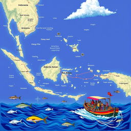 A vibrant nautical chart depicting the fishing routes of an Indonesian traditional fishing boat amid the Indonesian archipelago