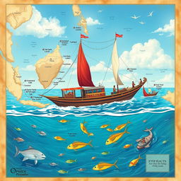 A vibrant nautical chart depicting the fishing routes of an Indonesian traditional fishing boat amid the Indonesian archipelago