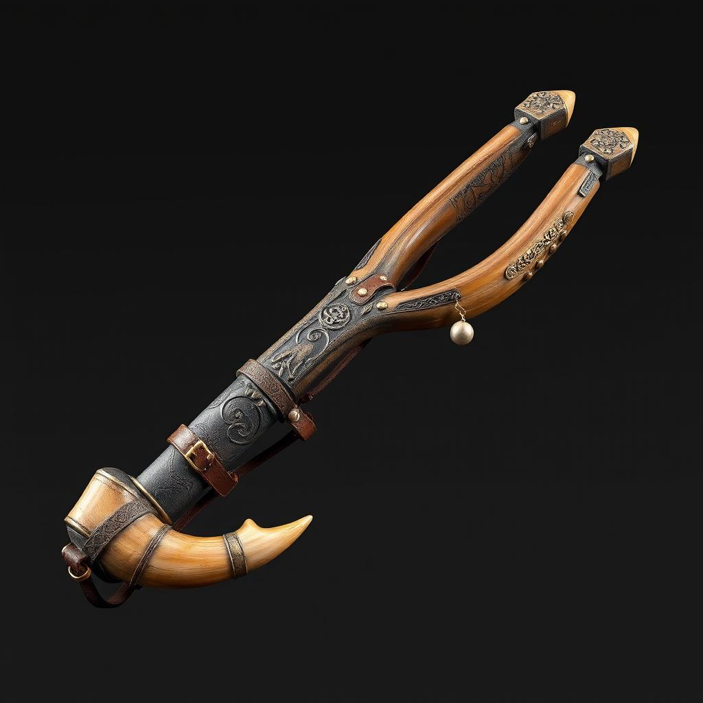 A unique medieval-style slingshot crafted from the horn of a centaur, featuring a mystic and powerful design