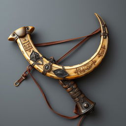 A unique medieval-style slingshot crafted from the horn of a centaur, featuring a mystic and powerful design