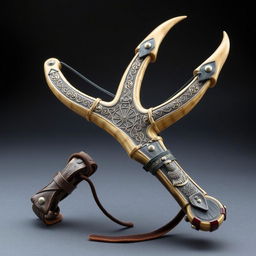 A unique medieval-style slingshot crafted from the horn of a centaur, featuring a mystic and powerful design