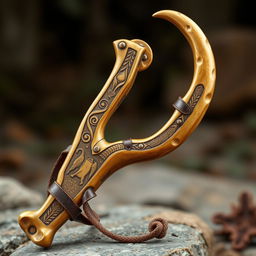 A unique medieval-style slingshot crafted from the horn of a centaur, featuring a mystic and powerful design