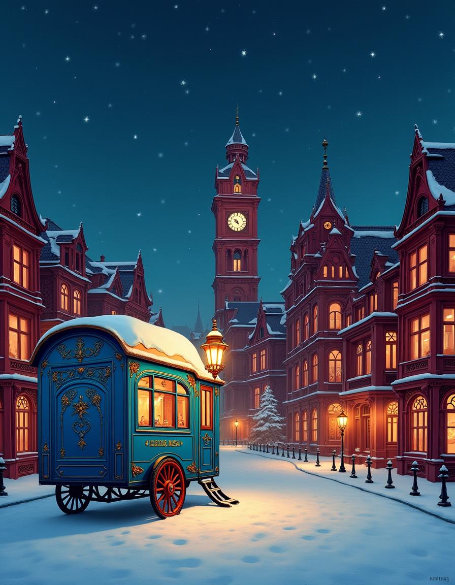 A vibrant night scene showcasing tall, intricately detailed red ornate Victorian buildings in the background, their roof ridges elegantly silhouetted against a starlit sky