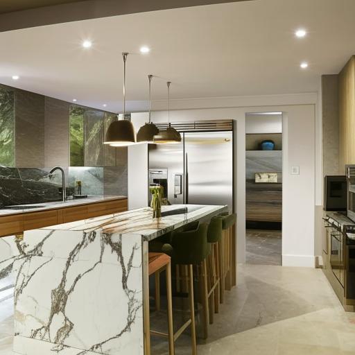 Luxurious, modern kitchen with high-end appliances, marble countertops, and uniquely designed lighting