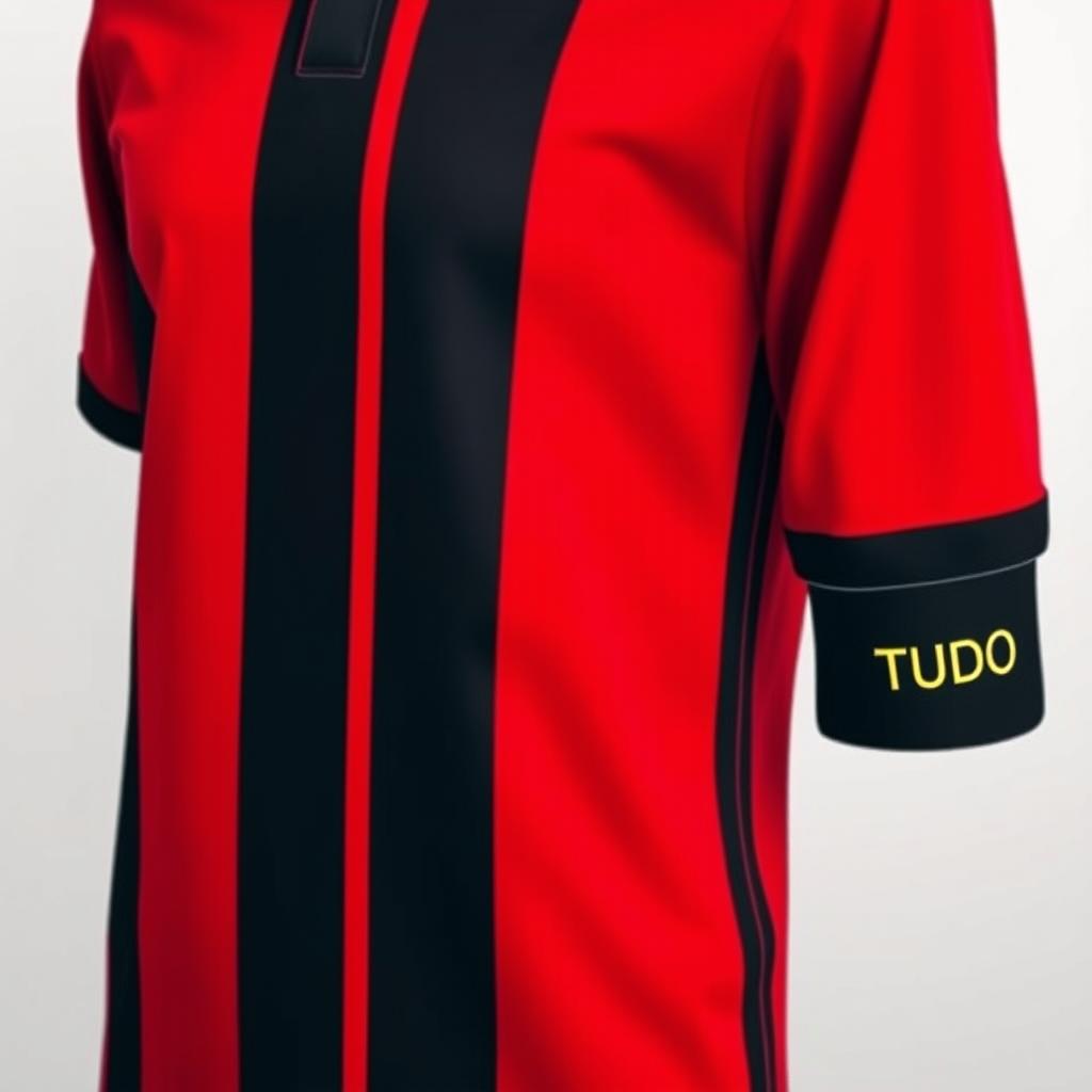 A vibrant red football jersey designed with three vertical black stripes, creating a bold and modern appearance