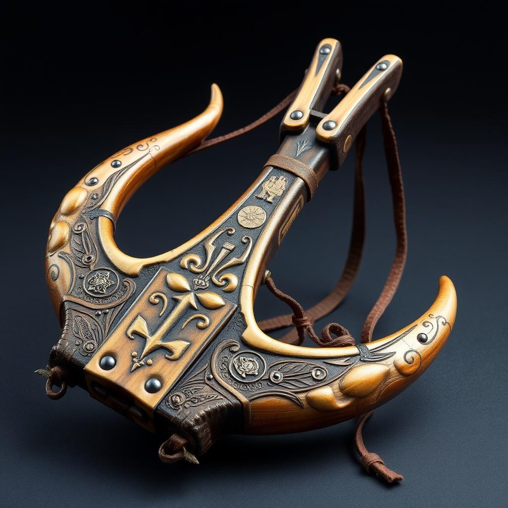 A unique medieval-style slingshot crafted from the horn of a centaur, featuring a mystic and powerful design