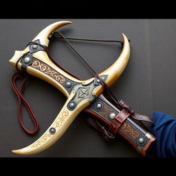 A unique medieval-style slingshot crafted from the horn of a centaur, featuring a mystic and powerful design