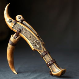 A unique medieval-style slingshot crafted from the horn of a centaur, featuring a mystic and powerful design